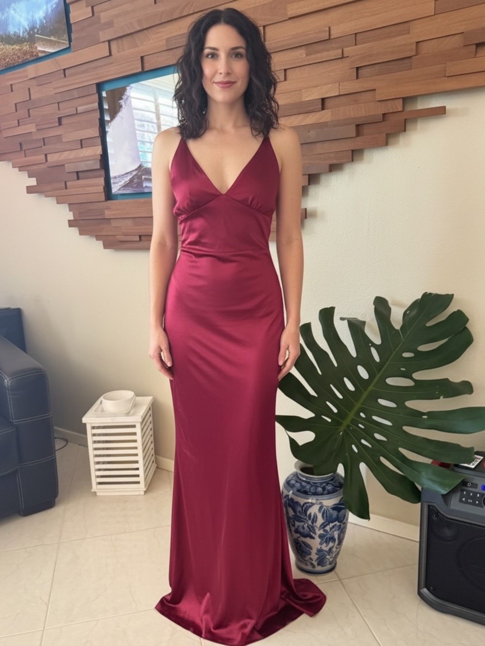 Elegant Burgundy Satin Slip Dress - Women